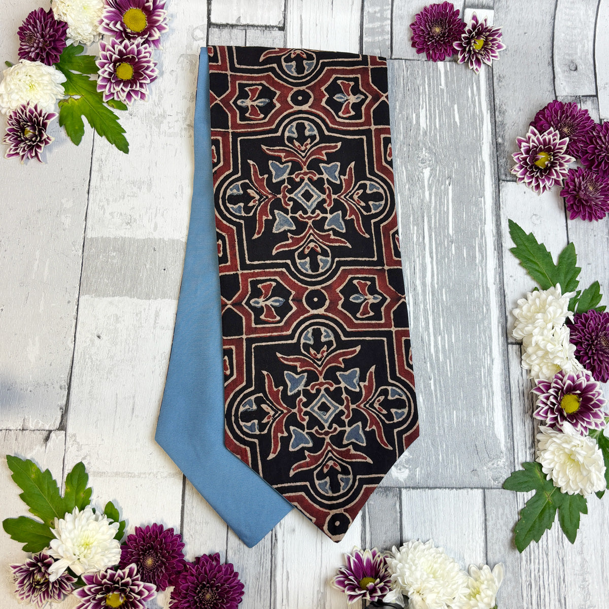 Hand-Printed Black Red Blue Mosaic Cravat - Choose The Backing