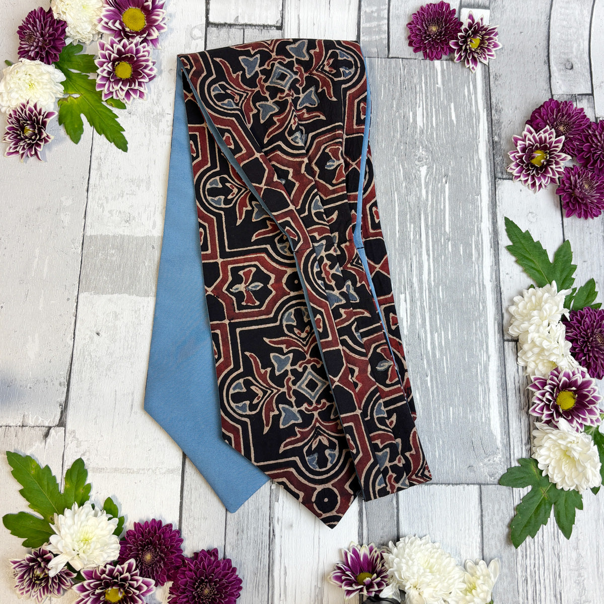 Hand-Printed Black Red Blue Mosaic Cravat - Choose The Backing