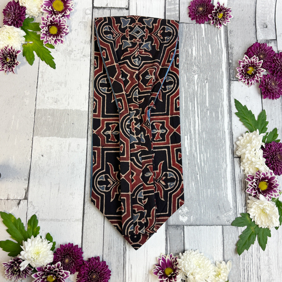 Hand-Printed Black Red Blue Mosaic Cravat - Choose The Backing