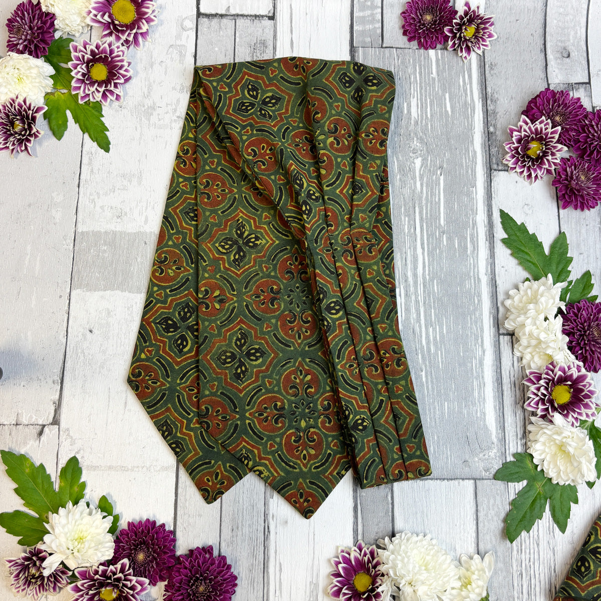 Hand-Printed Green Tile Print Mosaic Cravat