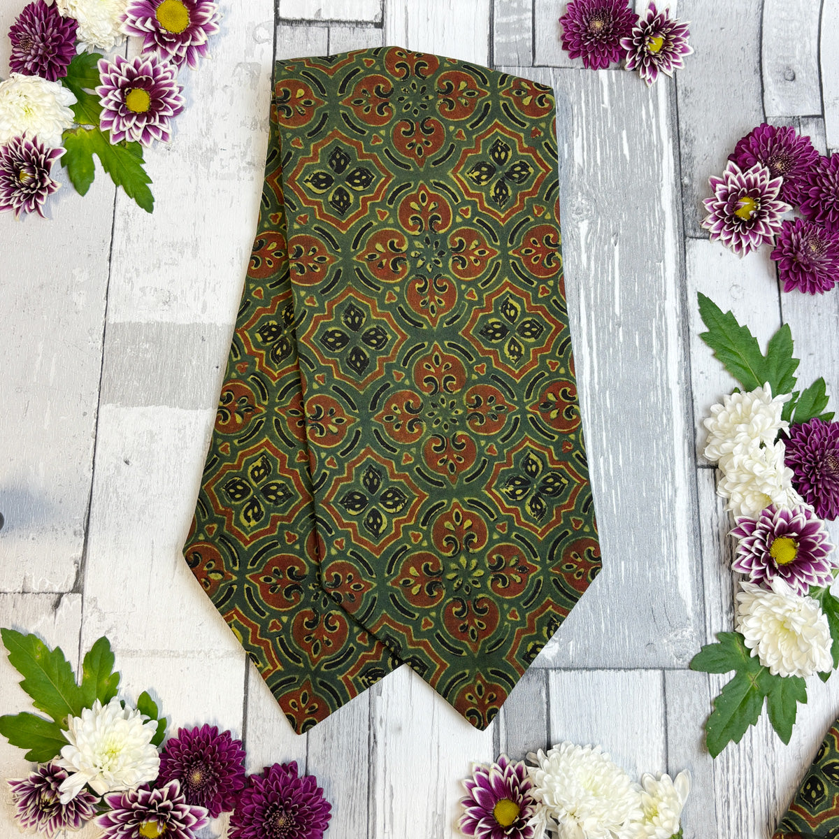 Hand-Printed Green Tile Print Mosaic Cravat