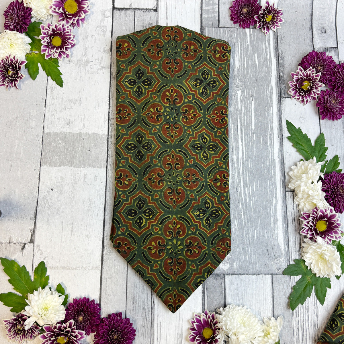 Hand-Printed Green Tile Print Mosaic Cravat