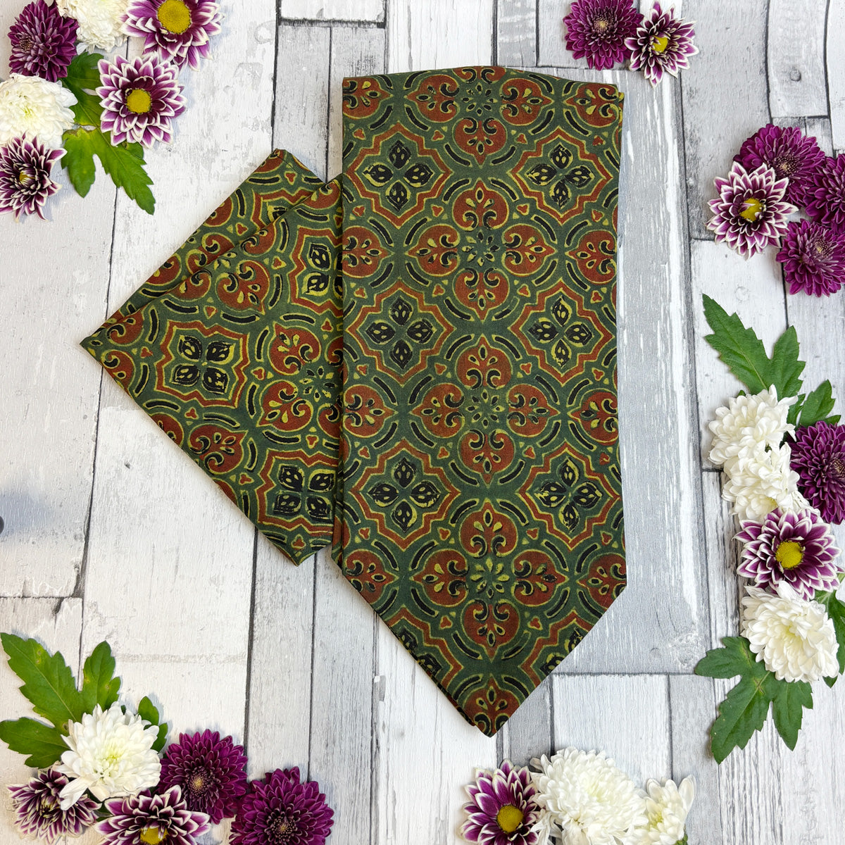 Hand-Printed Green Tile Print Mosaic Cravat