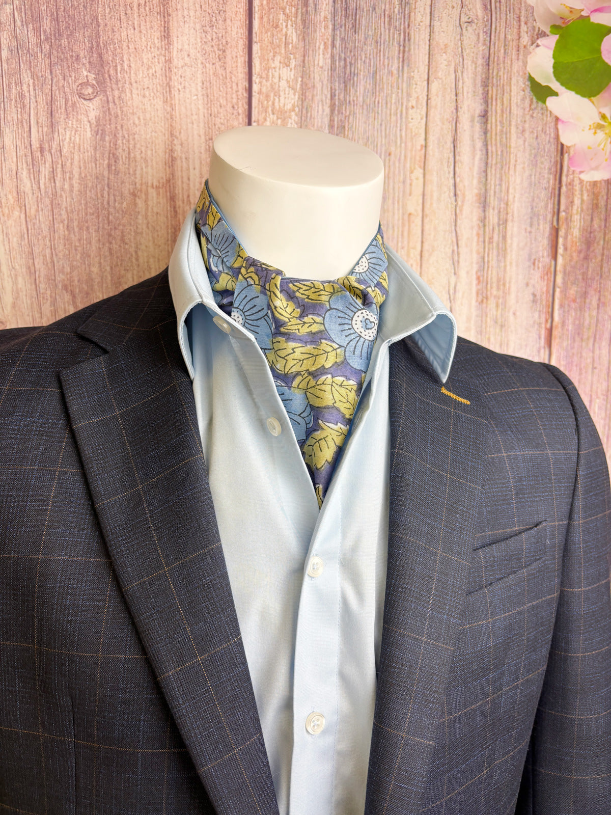 Hand-Printed Blue Floral Modal Silk Cravat