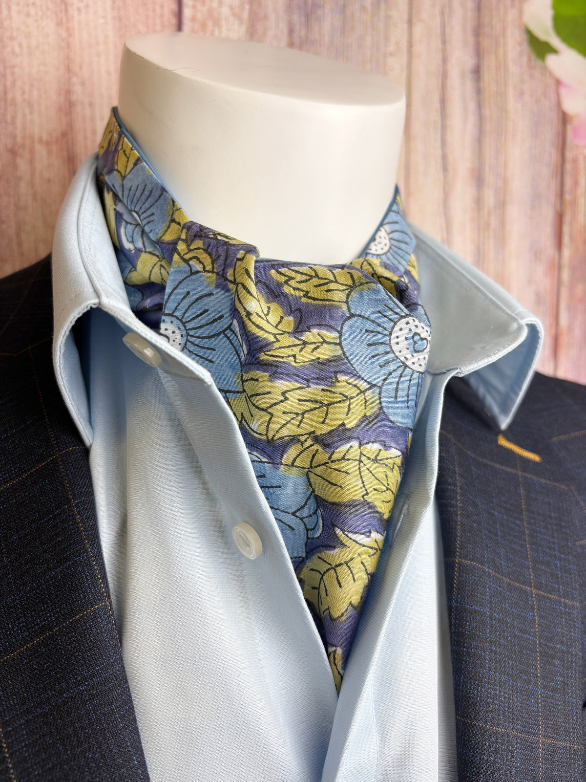 Hand-Printed Blue Floral Modal Silk Cravat