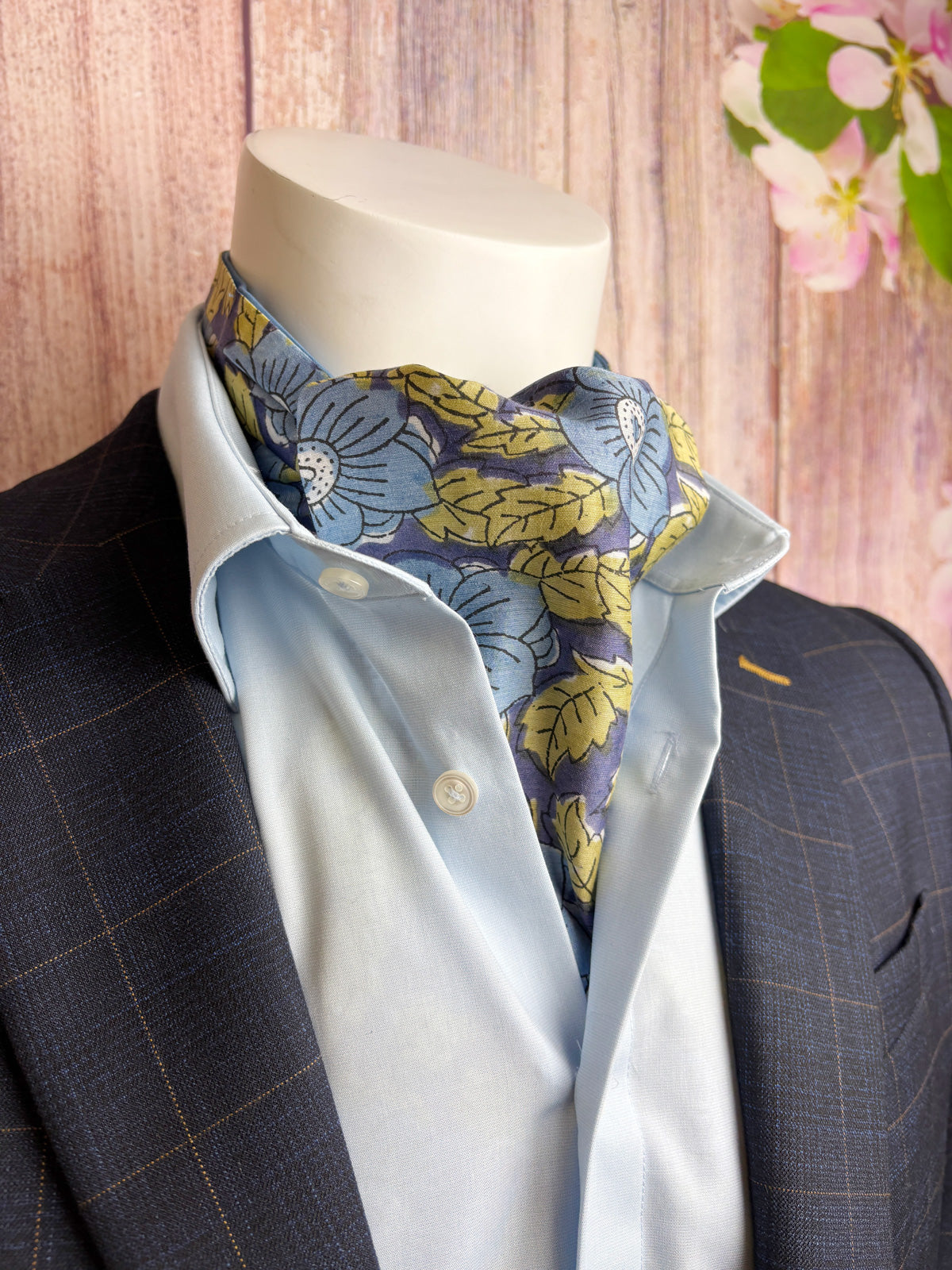 Hand-Printed Blue Floral Modal Silk Cravat