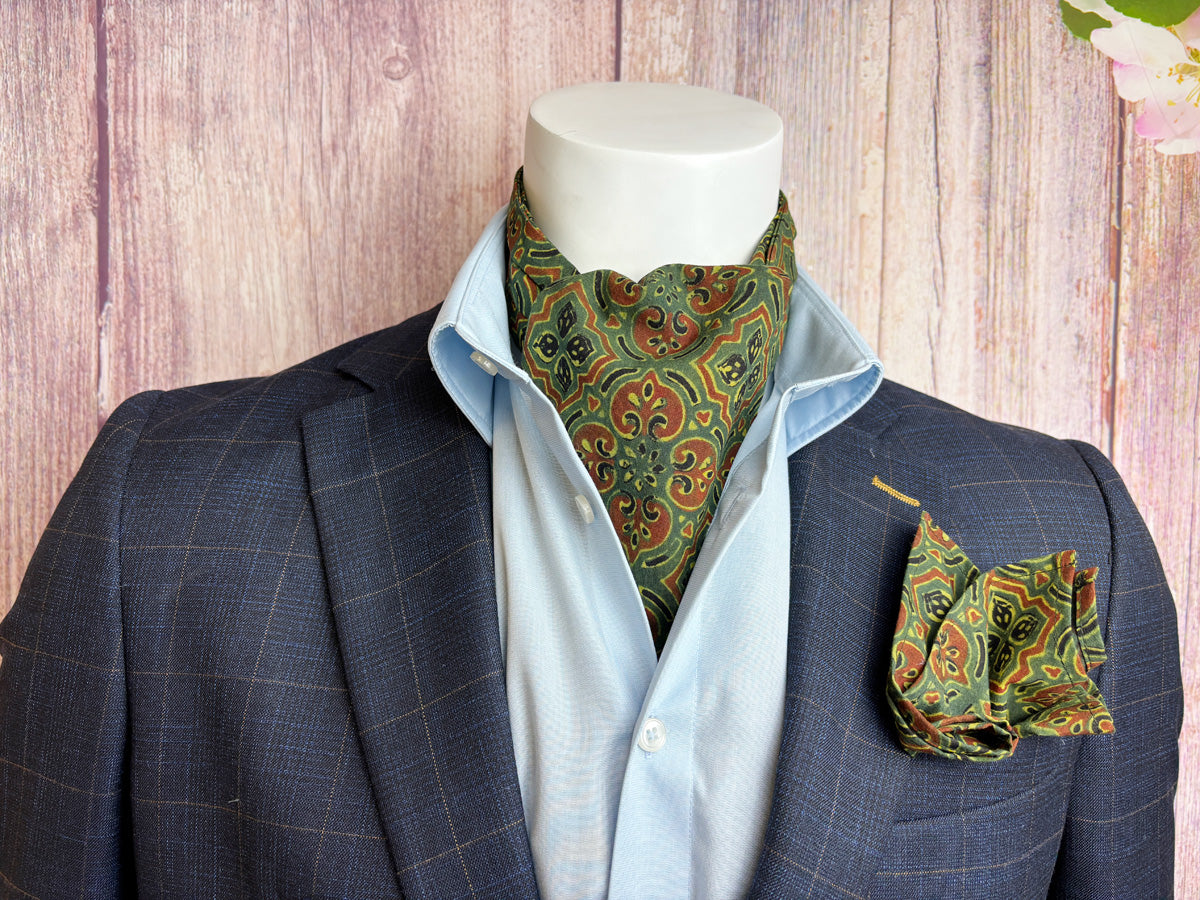 Hand-Printed Green Tile Print Mosaic Cravat