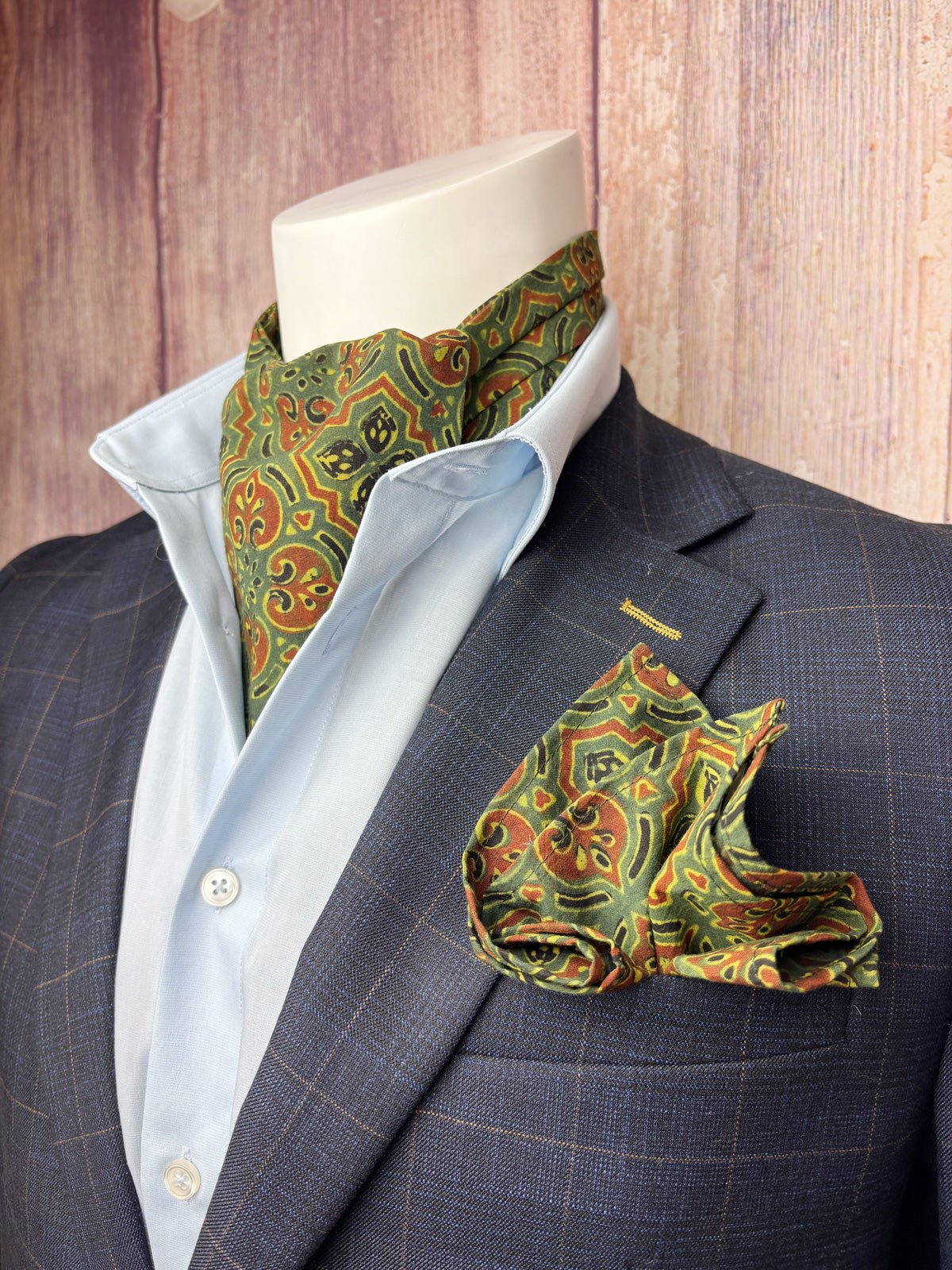 Hand-Printed Green Tile Print Mosaic Cravat