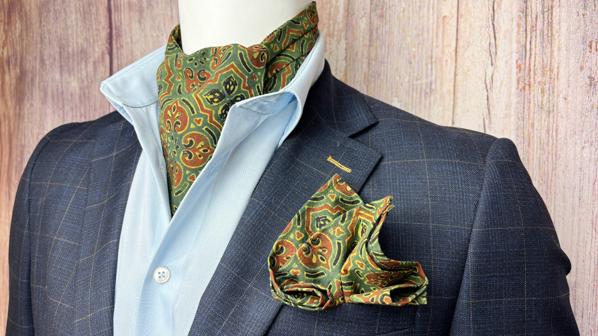 Hand-Printed Green Tile Print Mosaic Cravat