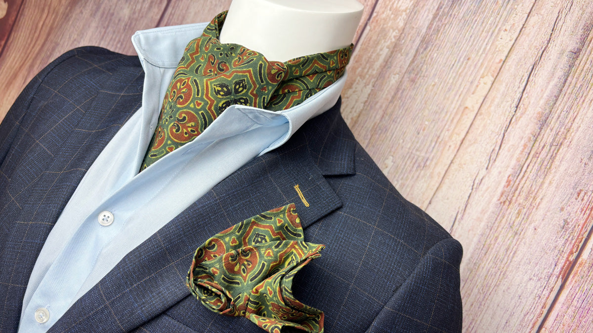 Hand-Printed Green Tile Print Mosaic Cravat