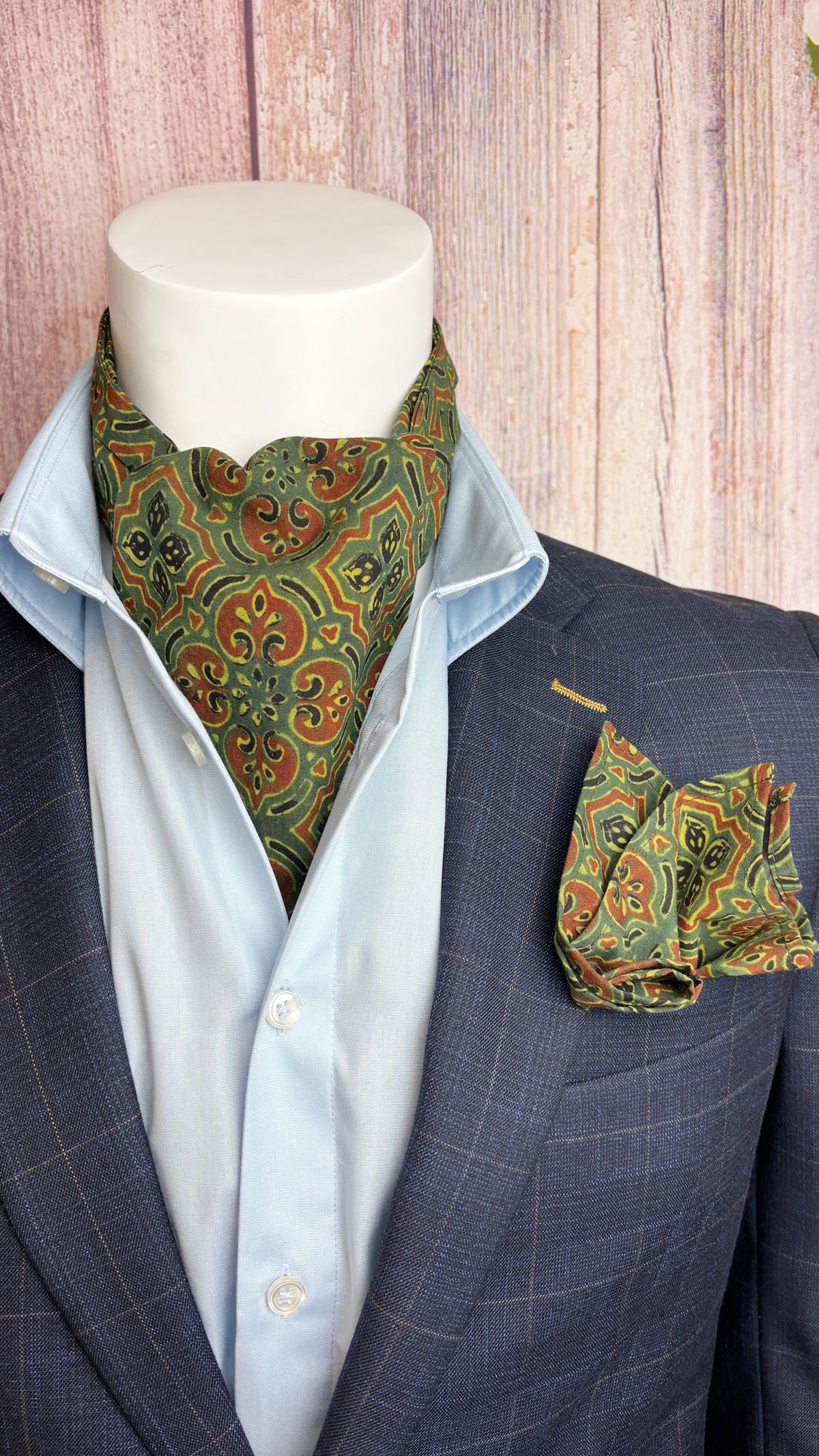 Hand-Printed Green Tile Print Mosaic Cravat
