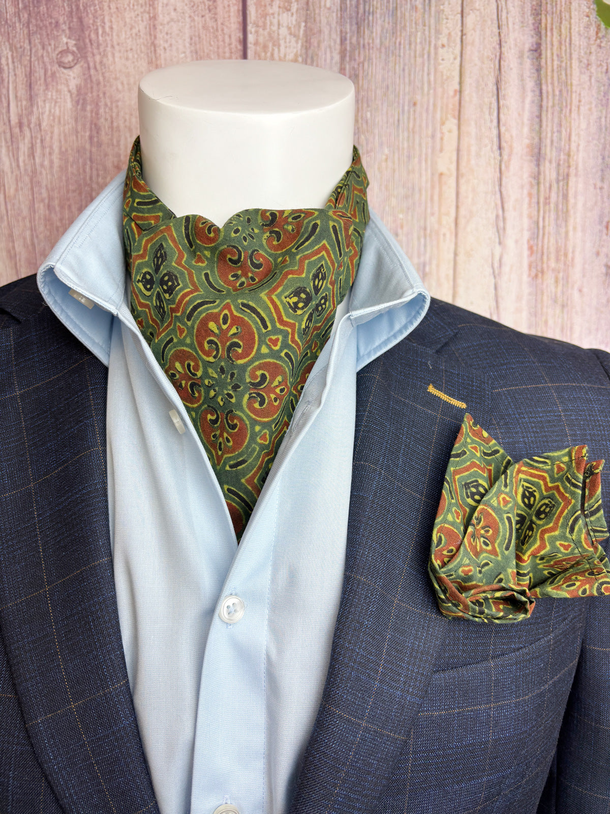 Hand-Printed Green Tile Print Mosaic Cravat