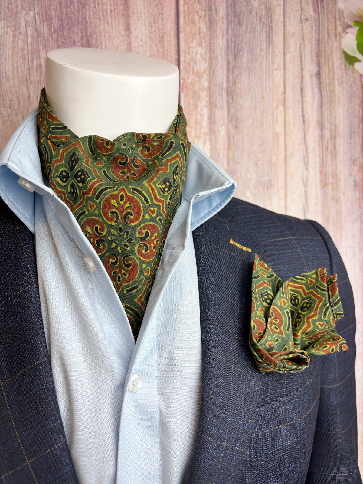 Hand-Printed Green Tile Print Mosaic Cravat