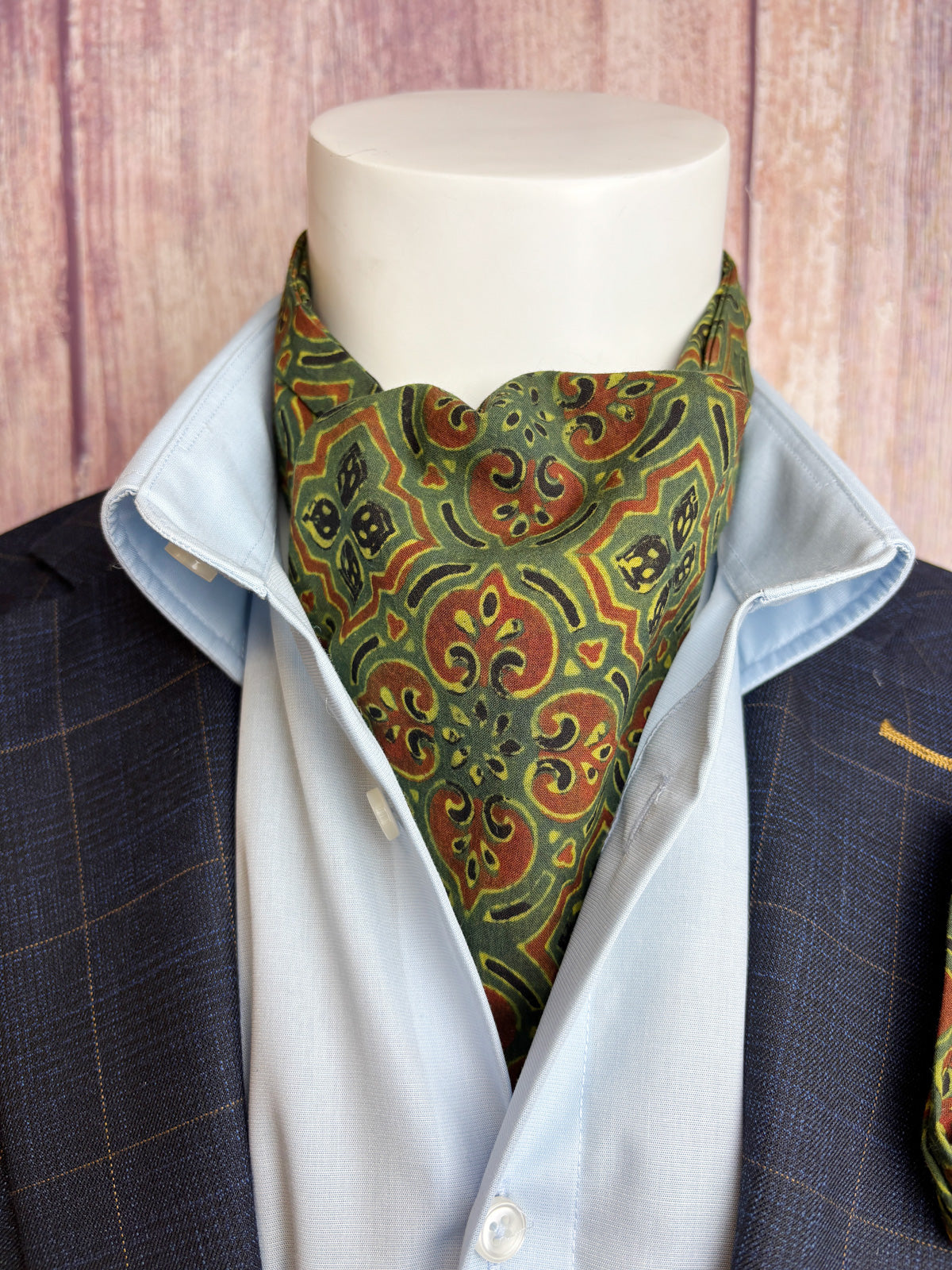 Hand-Printed Green Tile Print Mosaic Cravat
