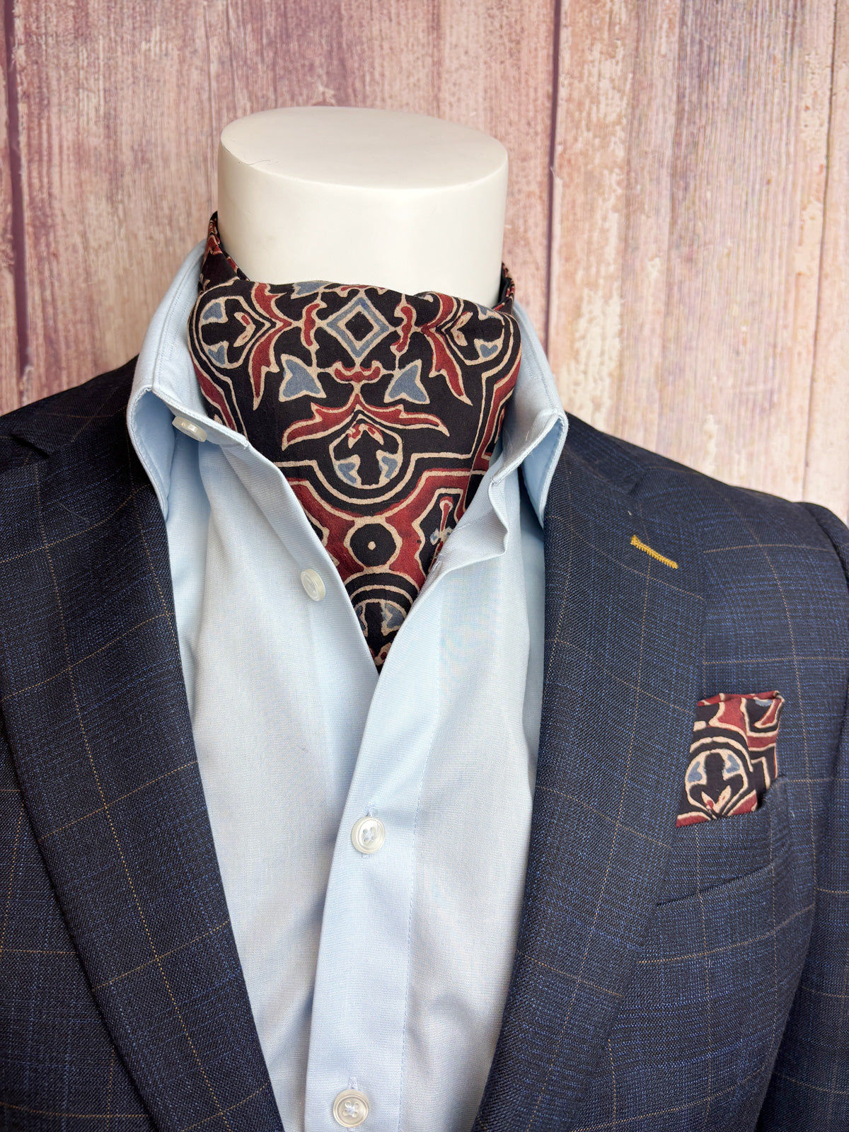 Hand-Printed Black Red Blue Mosaic Cravat - Choose The Backing