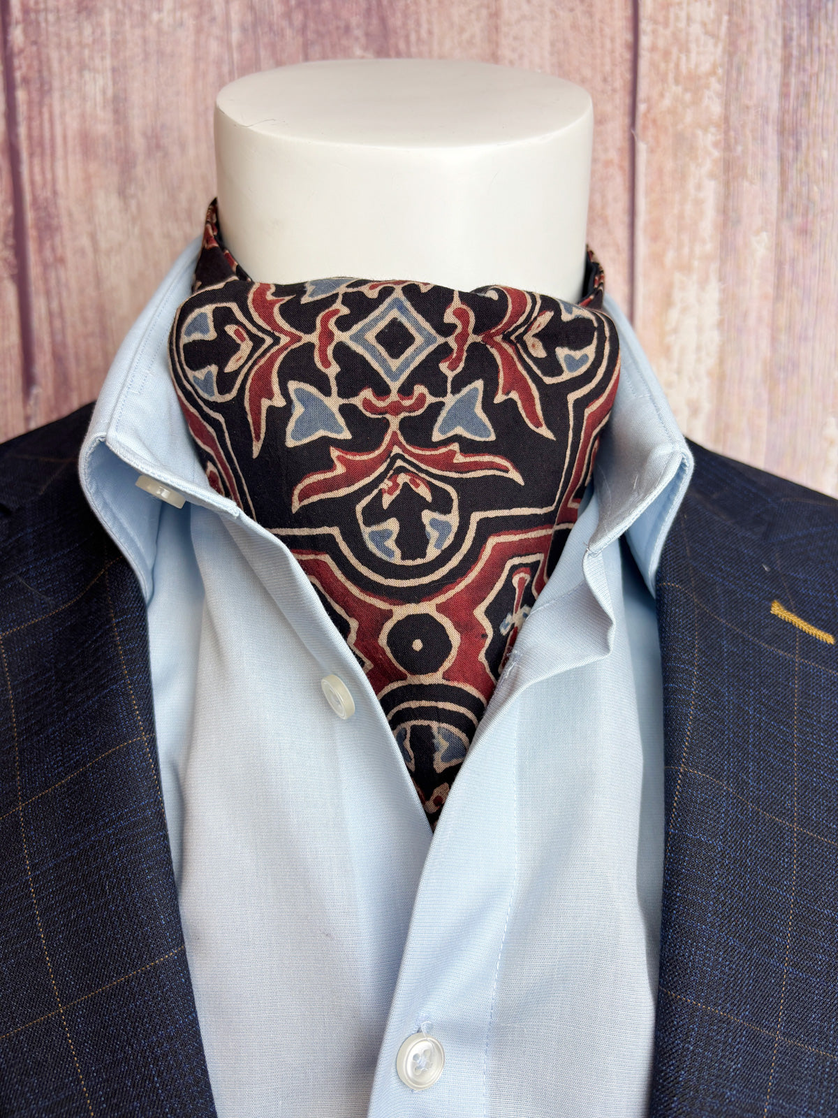 Hand-Printed Black Red Blue Mosaic Cravat - Choose The Backing