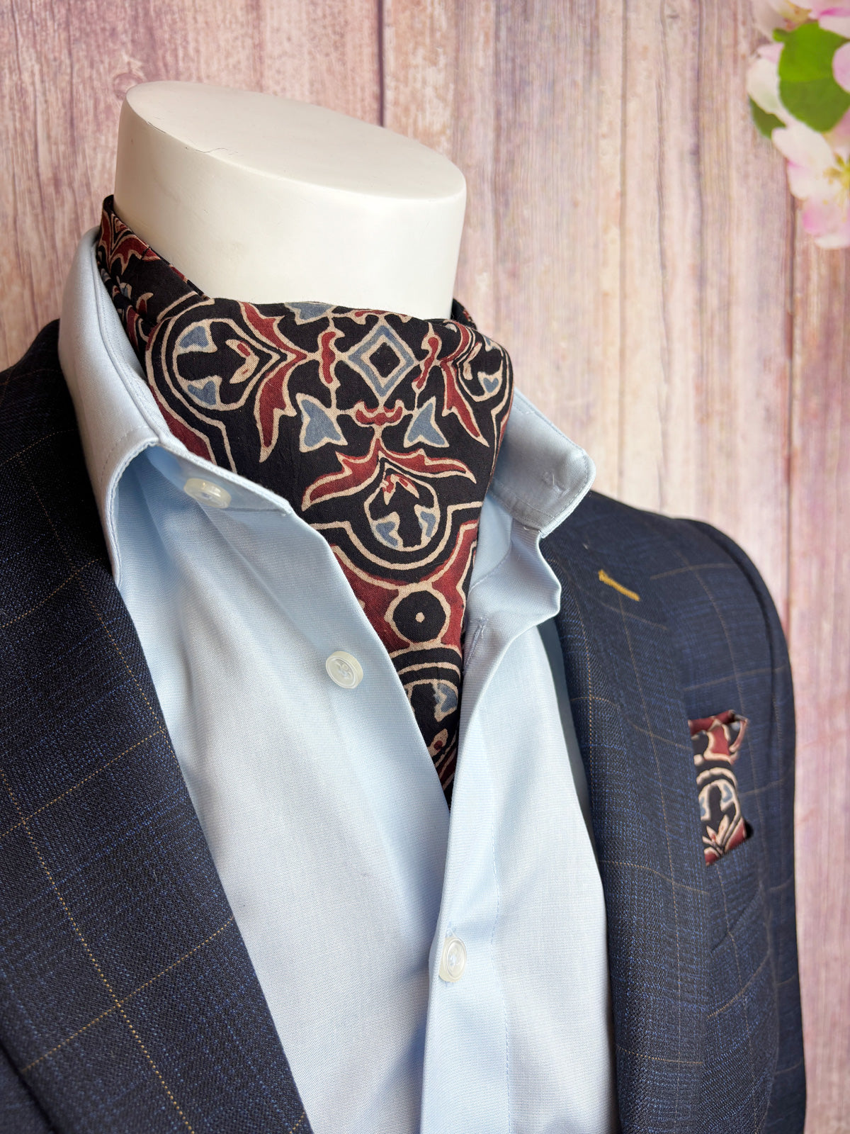 Hand-Printed Black Red Blue Mosaic Cravat - Choose The Backing