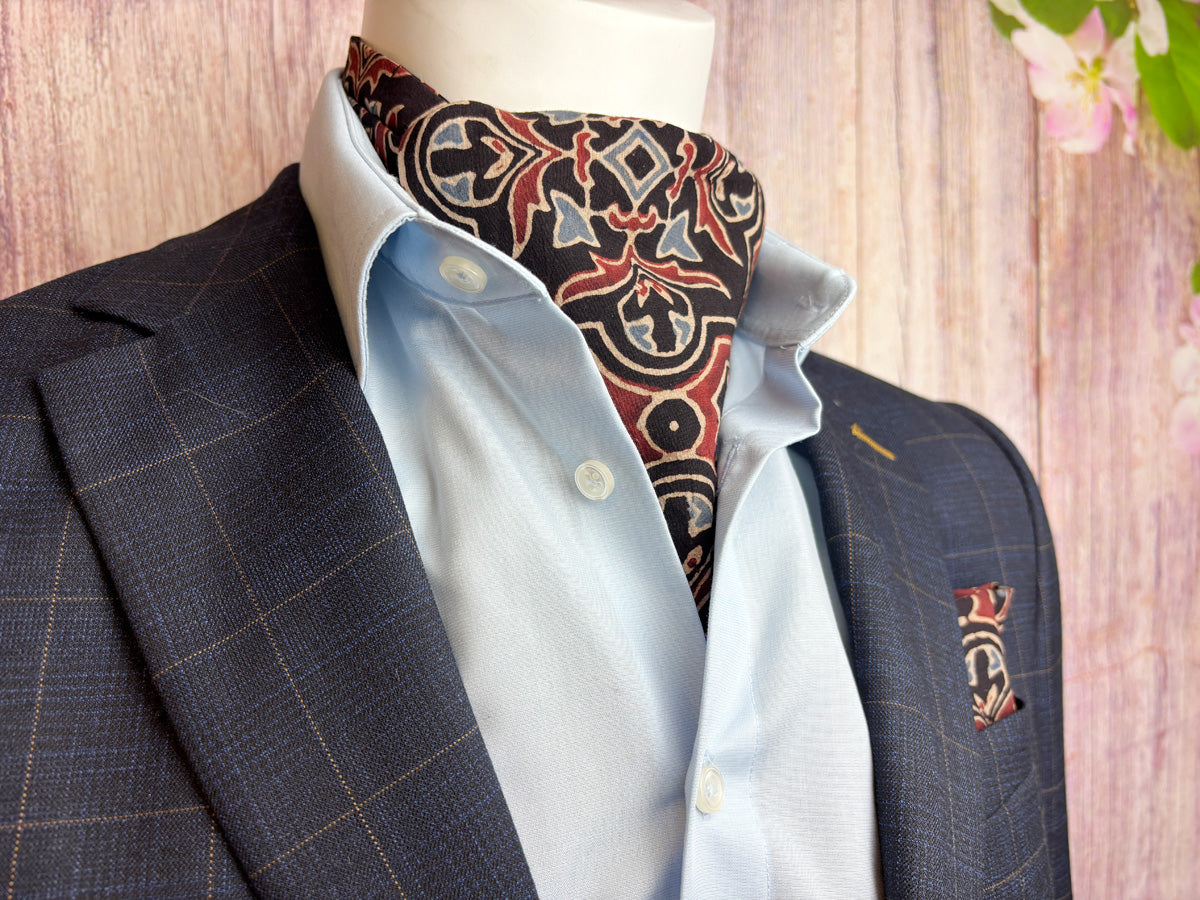 Hand-Printed Black Red Blue Mosaic Cravat - Choose The Backing