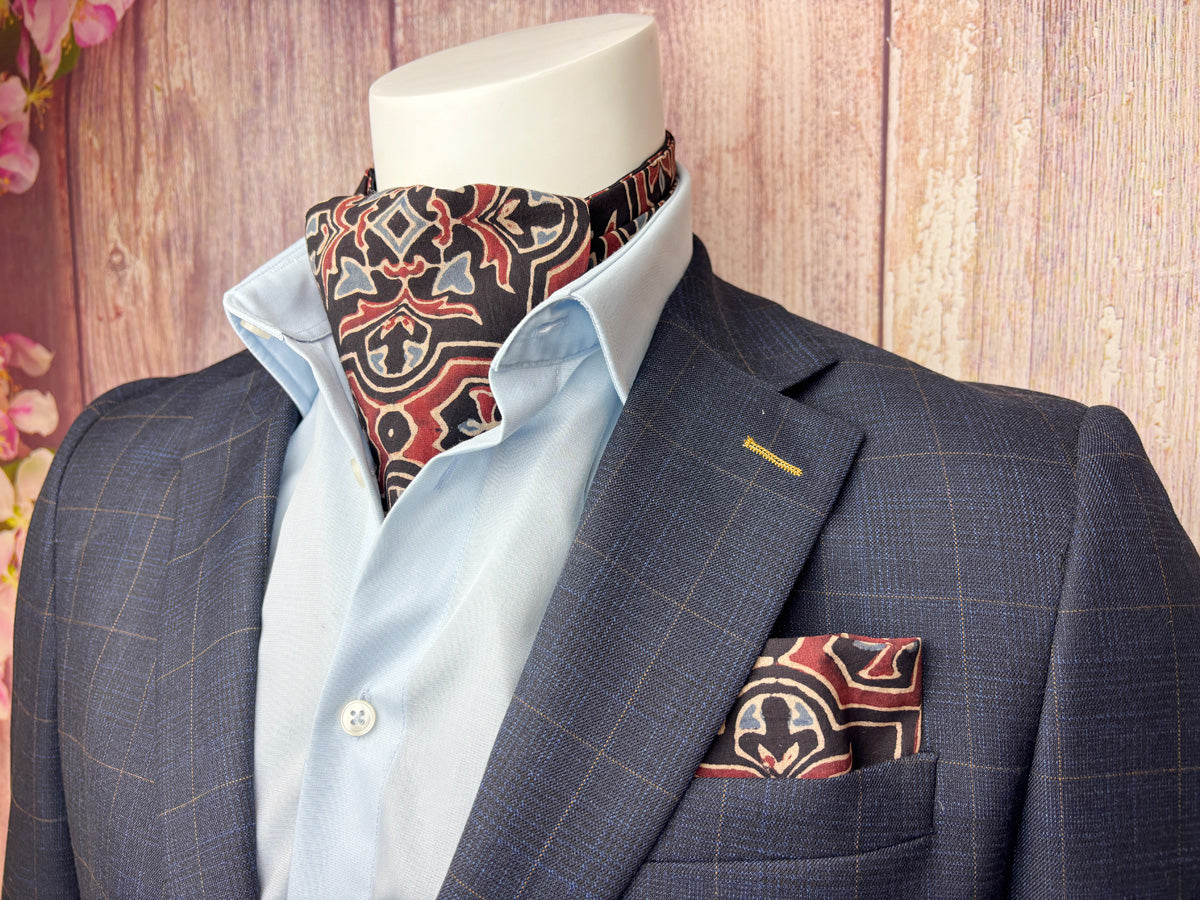 Hand-Printed Black Red Blue Mosaic Cravat - Choose The Backing