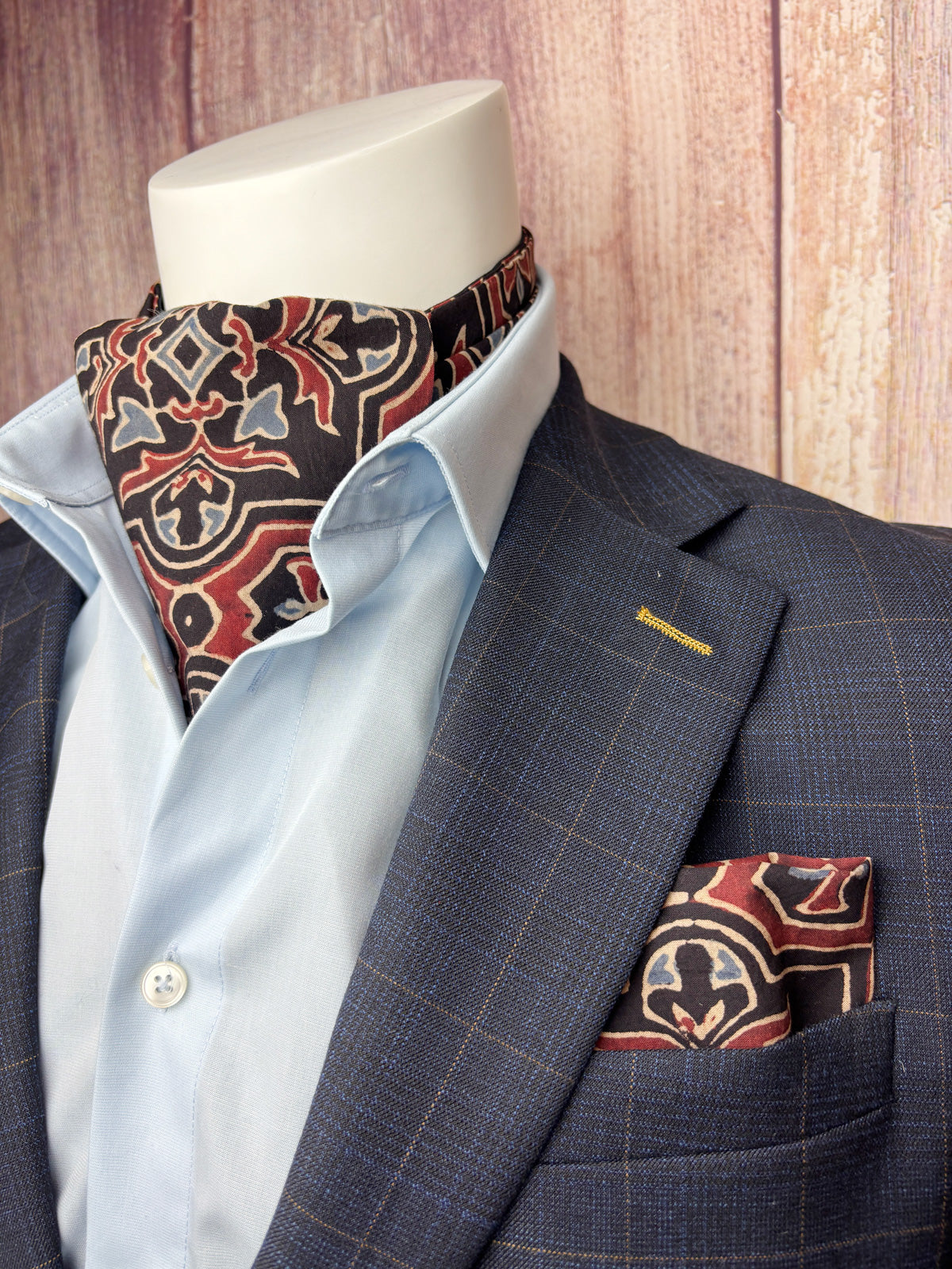 Hand-Printed Black Red Blue Mosaic Cravat - Choose The Backing