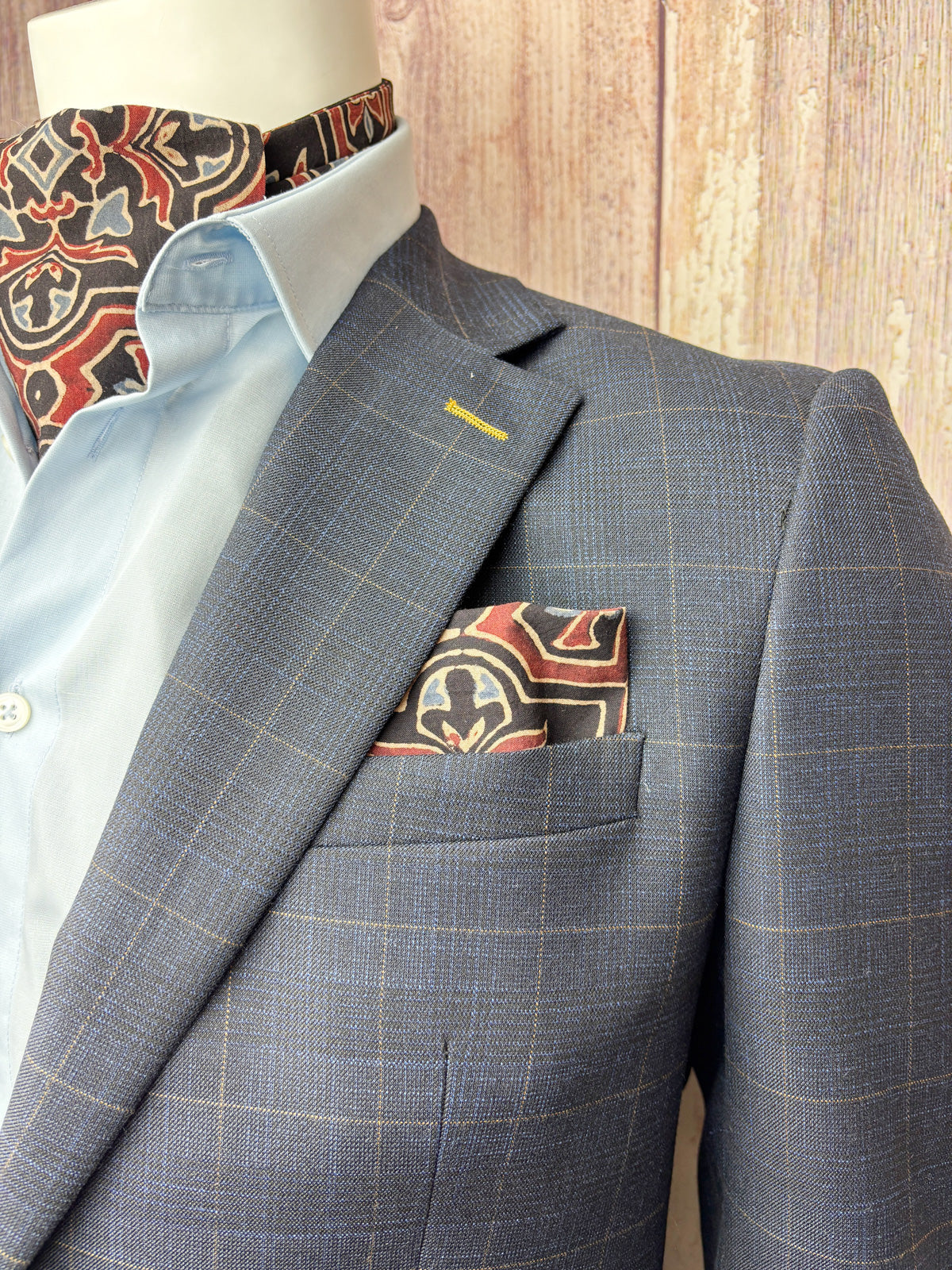 Hand-Printed Black Red Blue Mosaic Cravat - Choose The Backing