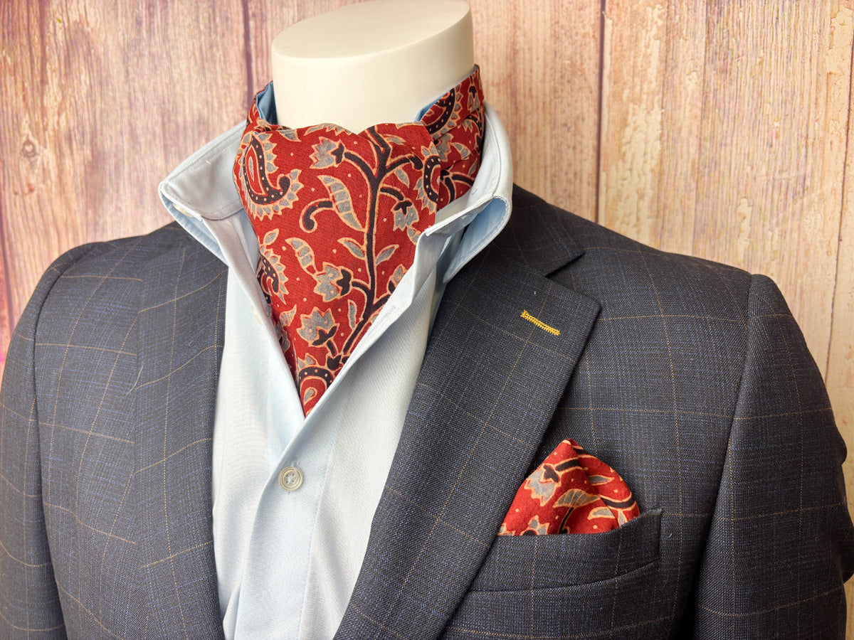 Hand-Printed Red & Blue Paislet Cravat