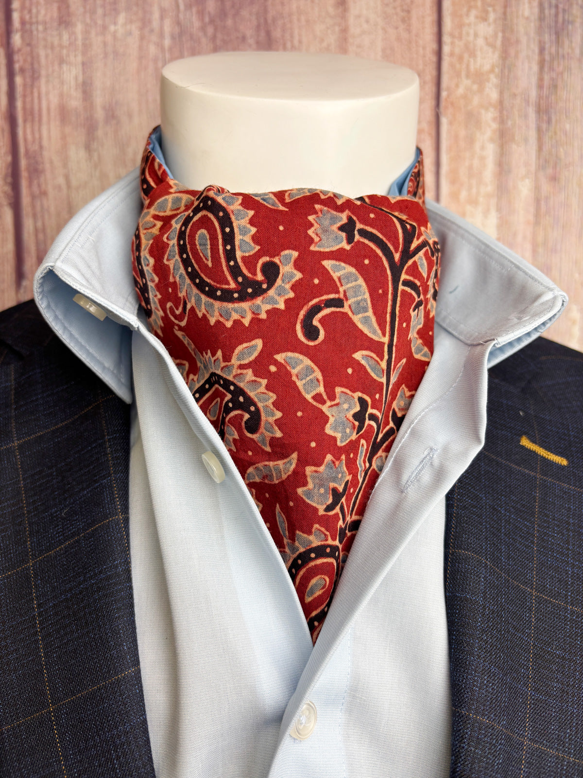 Hand-Printed Red & Blue Paislet Cravat