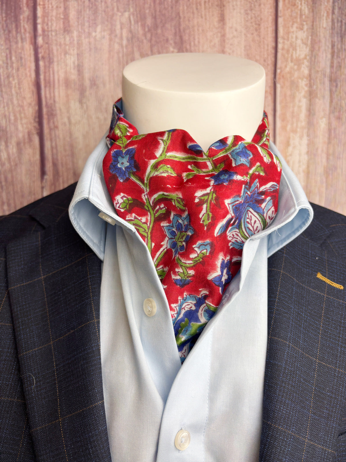 Hand-Printed Red & Blue Floral Modal Silk Cravat