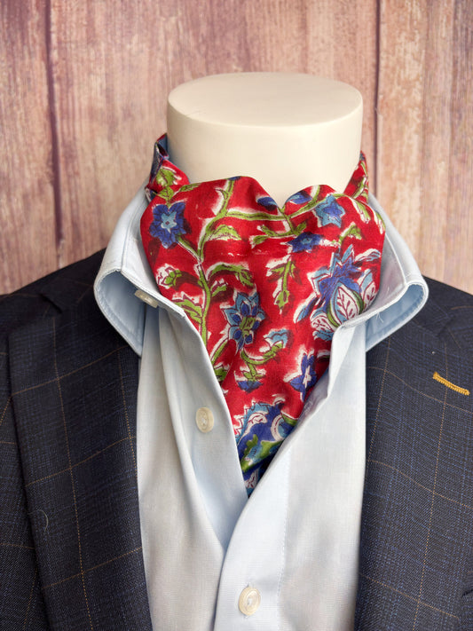 Hand-Printed Red & Blue Floral Modal Silk Cravat