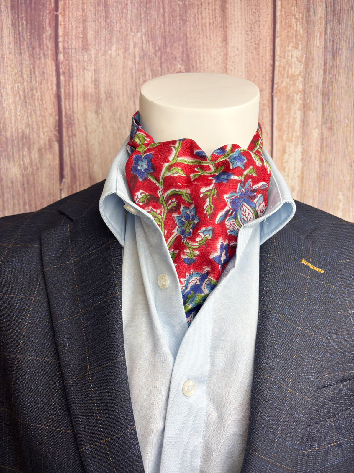Hand-Printed Red & Blue Floral Modal Silk Cravat