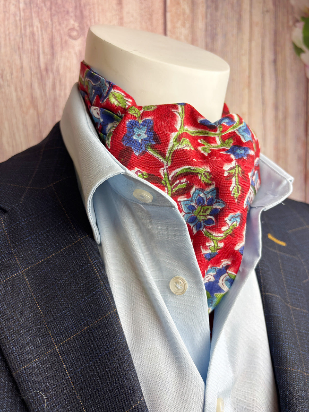 Hand-Printed Red & Blue Floral Modal Silk Cravat