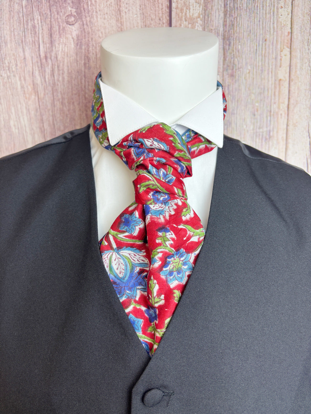 Hand-Printed Red & Blue Floral Modal Silk Cravat