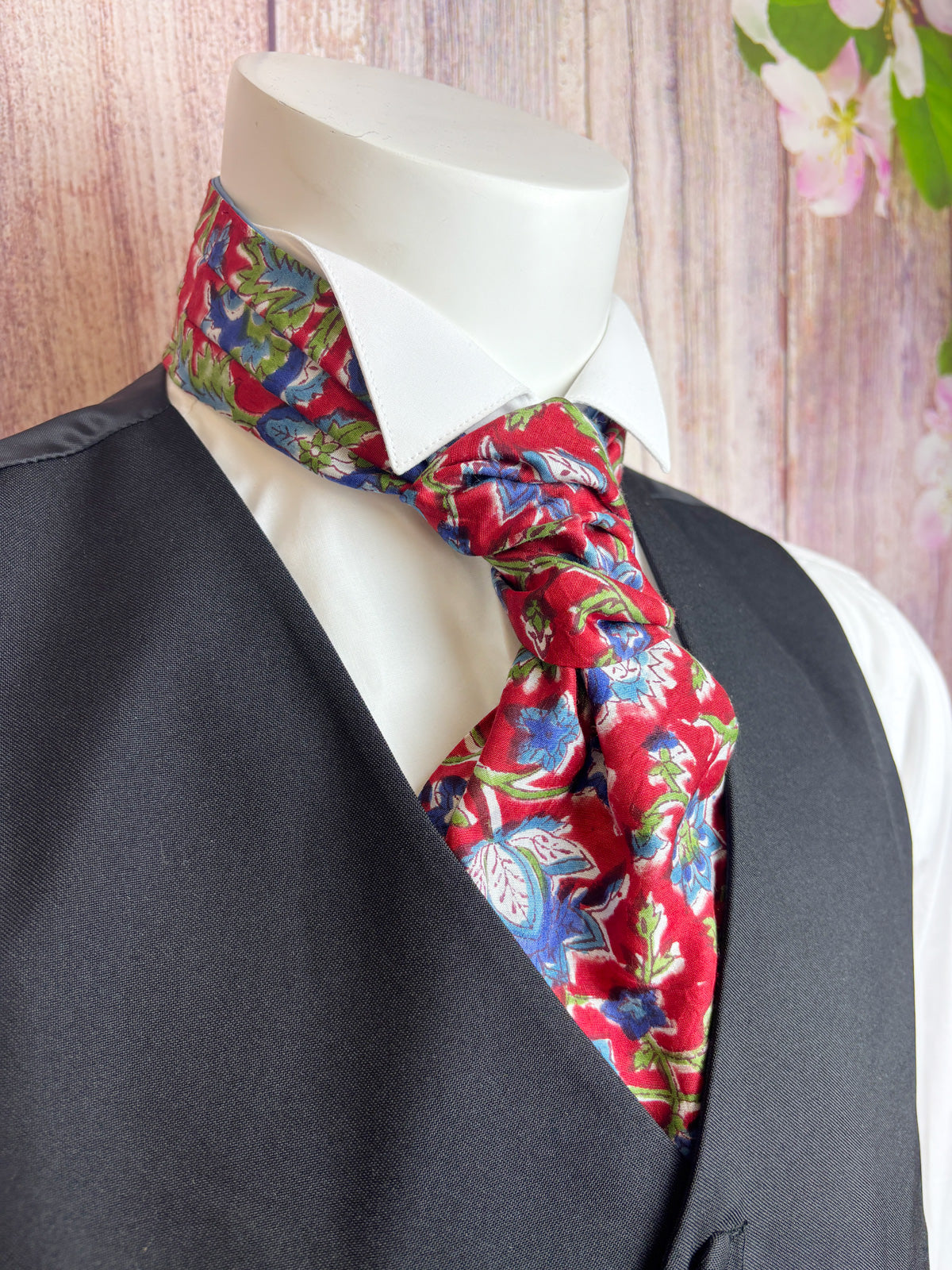 Hand-Printed Red & Blue Floral Modal Silk Cravat