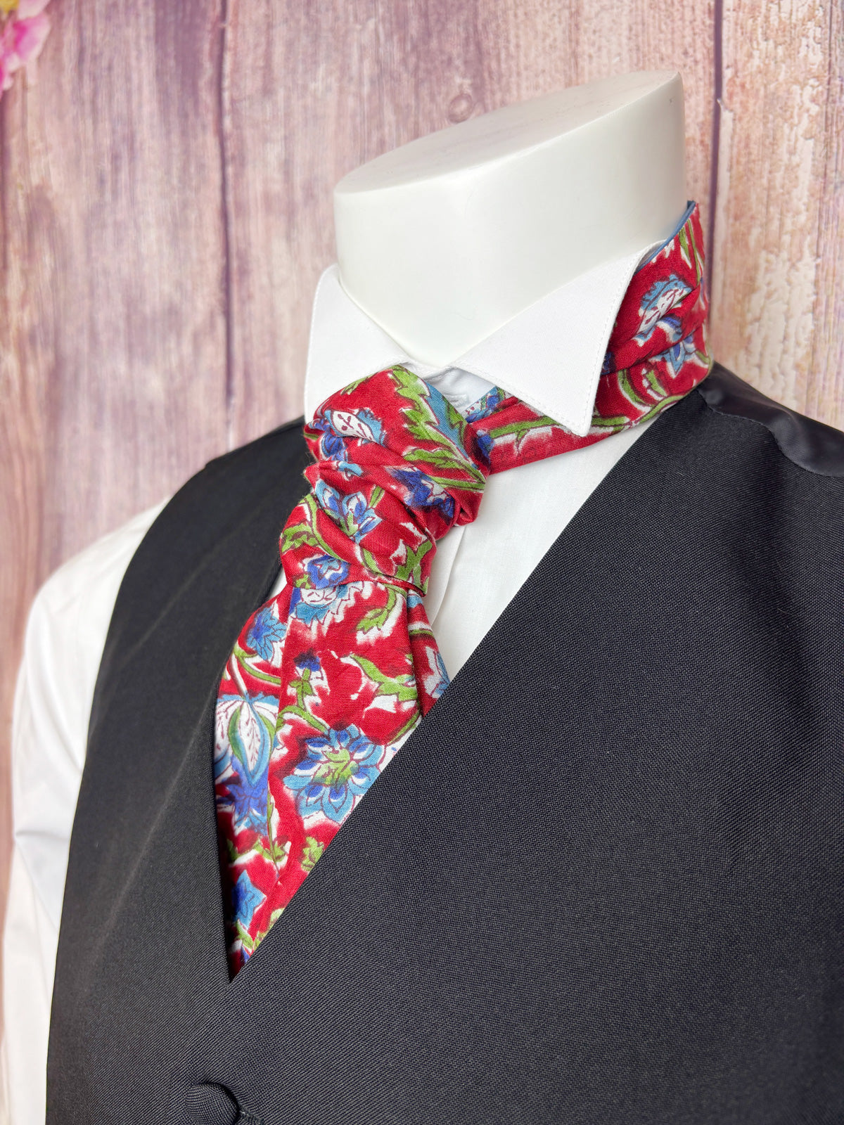 Hand-Printed Red & Blue Floral Modal Silk Cravat