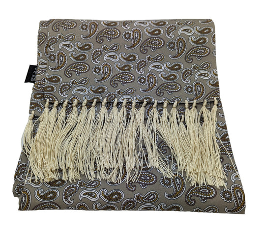 Beige and Gold Paisley Silk Scarf - Scarves - - THREADPEPPER