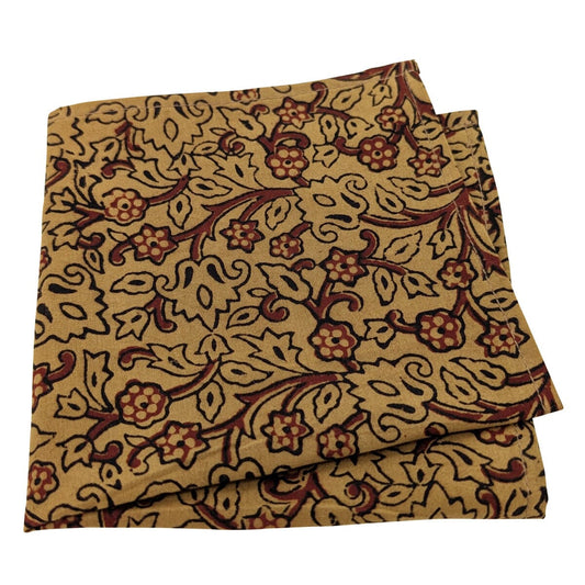 Beige & Claret Vines Hand-Printed Cotton Pocket Square - Handkerchiefs - 