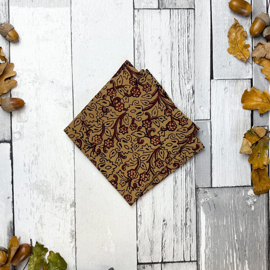Beige & Claret Vines Hand-Printed Cotton Pocket Square - Handkerchiefs - 
