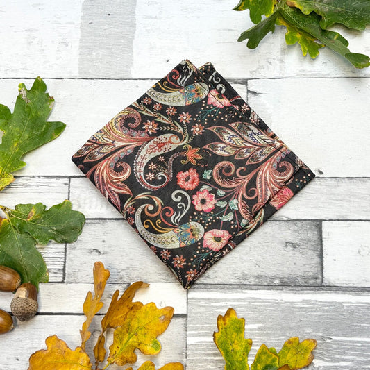 Black Floral Paisley Vegan Silk Pocket Square - Handkerchiefs - 