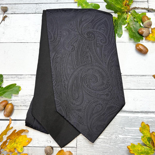 Black Paisley English Silk Cravat: Men's Ascot, Cotton Backing - Handmade in the UK - - 