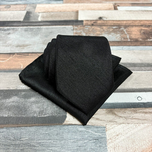 Black Shantung Tie - Gift Sets - Regular Tie Add Pocket Square - Save £1.00 