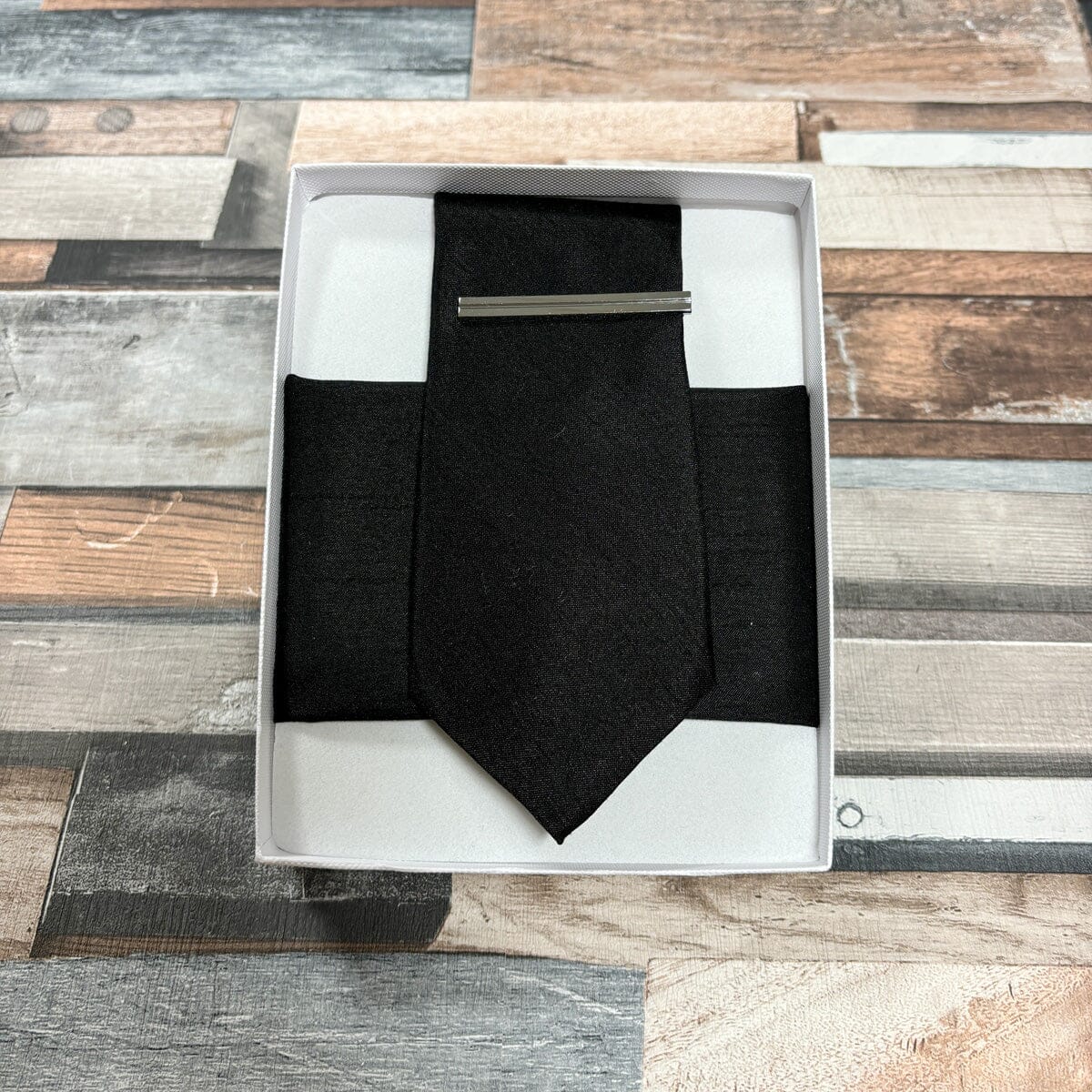 Black Shantung Tie - Gift Sets - Regular Tie Boxed Set (With Tie/Square/Bar) - Save £5.00 