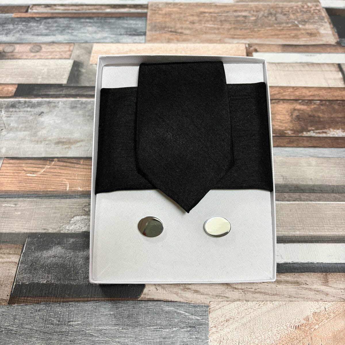 Black Shantung Tie - Gift Sets - Regular Tie Boxed Set (With Tie/Square/Cufflinks) - Save £8.00 