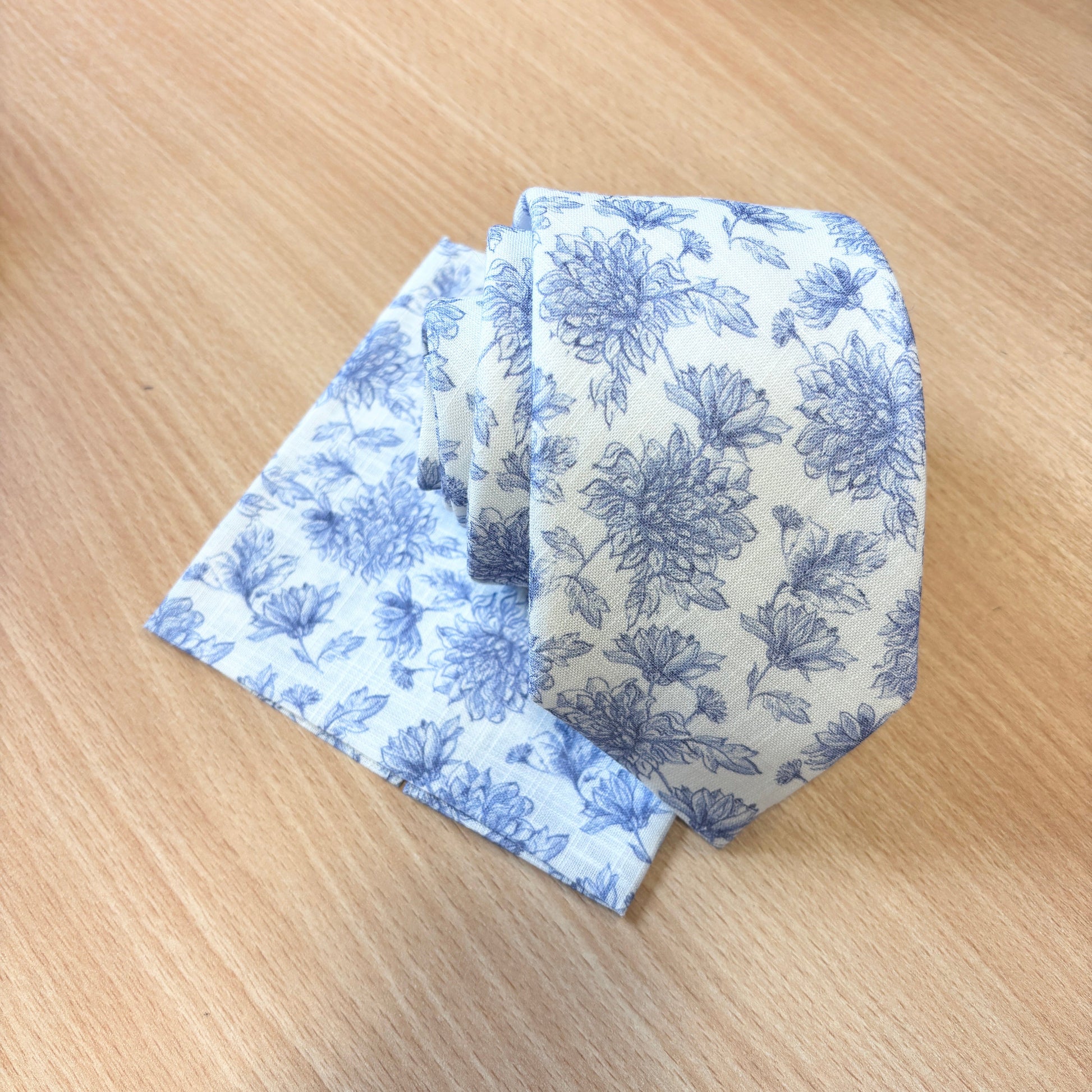 Blue Floral Linen Wedding Tie Set - Ties - 