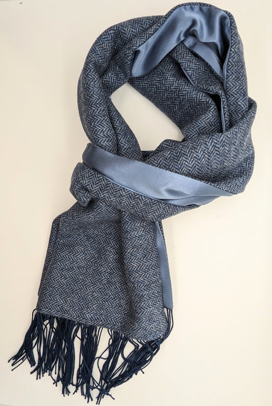 Blue Herringbone Wool Backed Silk Scarf - Scarves - 