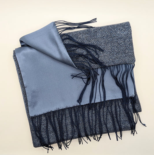 Blue Herringbone Wool Backed Silk Scarf - Scarves - 