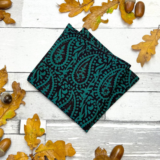 Bottle Green Hand-Printed Cotton Pocket Square - Handkerchiefs - 