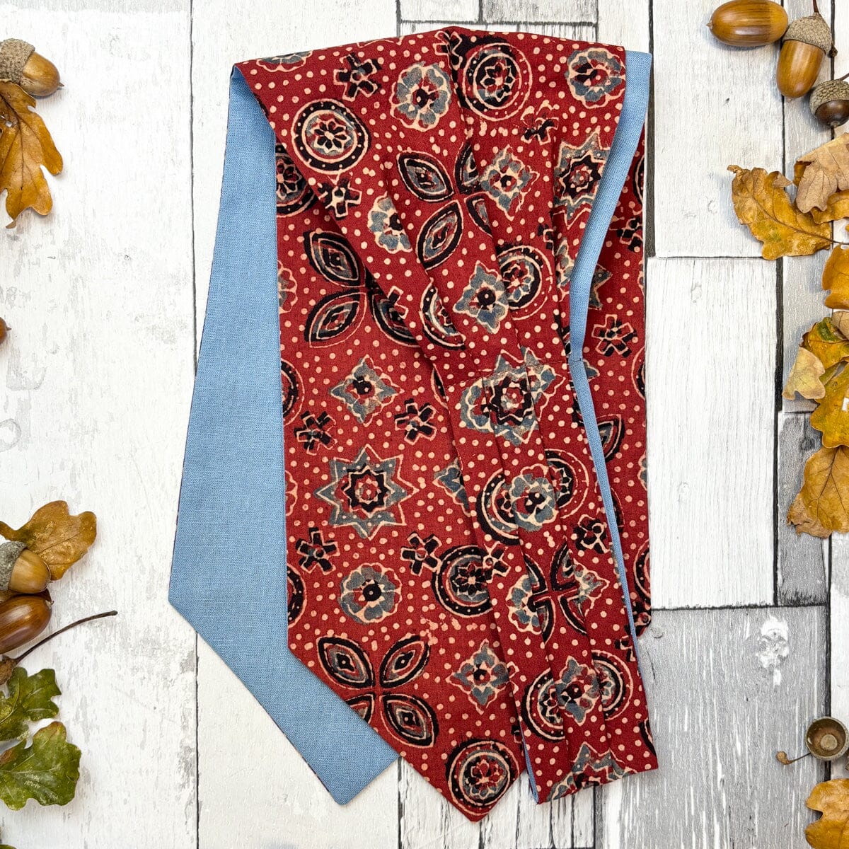 Brick Red & Blue Hand-Printed Cotton Cravat - Cravats - 