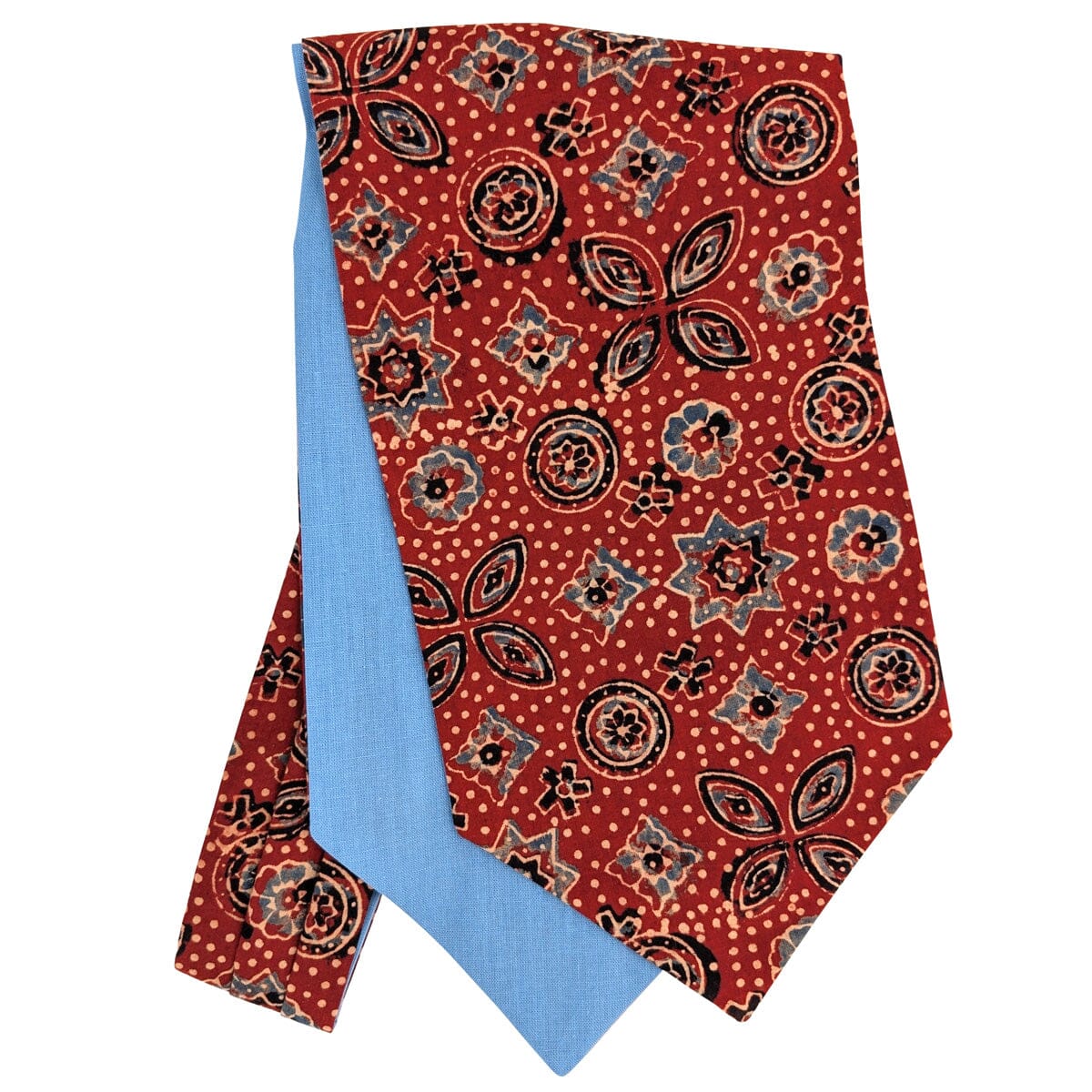 Brick Red & Blue Hand-Printed Cotton Cravat - Cravats - 