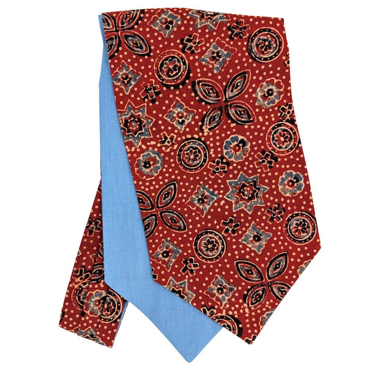 Brick Red & Blue Hand-Printed Cotton Cravat - Cravats - 