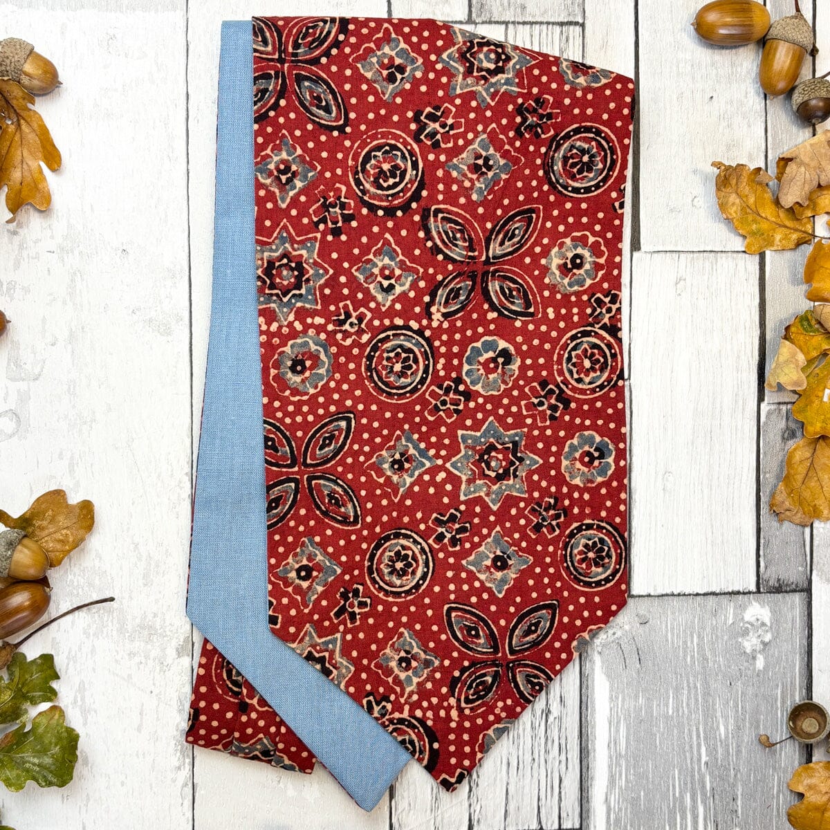 Brick Red & Blue Hand-Printed Cotton Cravat - Cravats - 